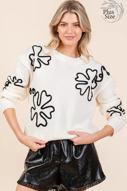 Plus Size Floral Embroidered Lightweigt Knit Sweater