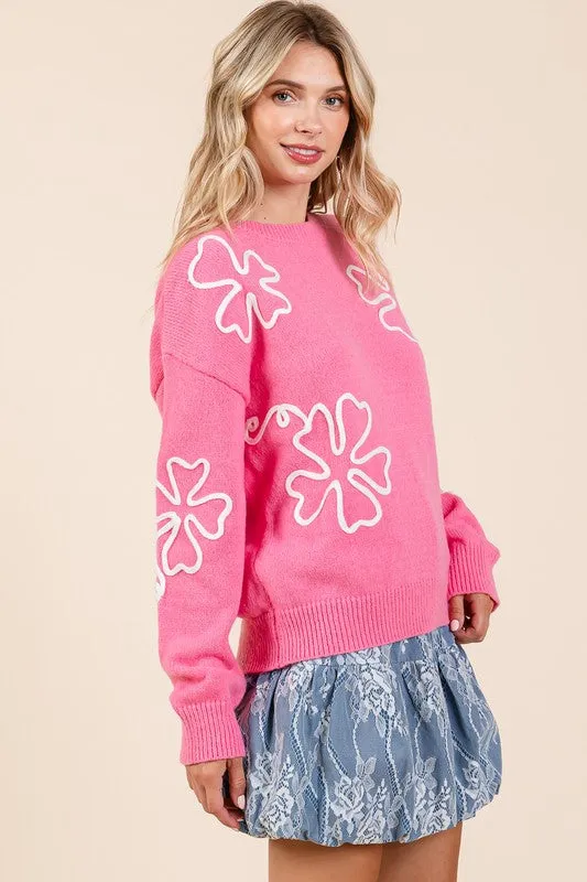 Plus Size Floral Embroidered Lightweigt Knit Sweater