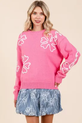 Plus Size Floral Embroidered Lightweigt Knit Sweater