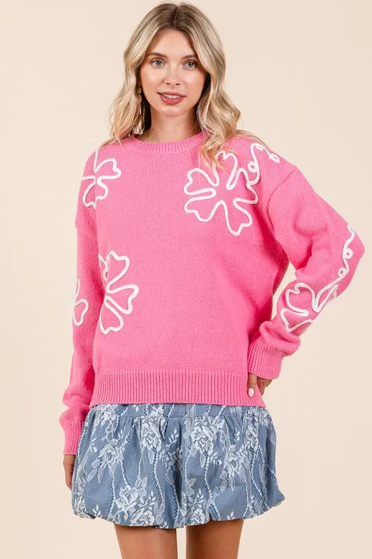 Plus Size Floral Embroidered Lightweigt Knit Sweater