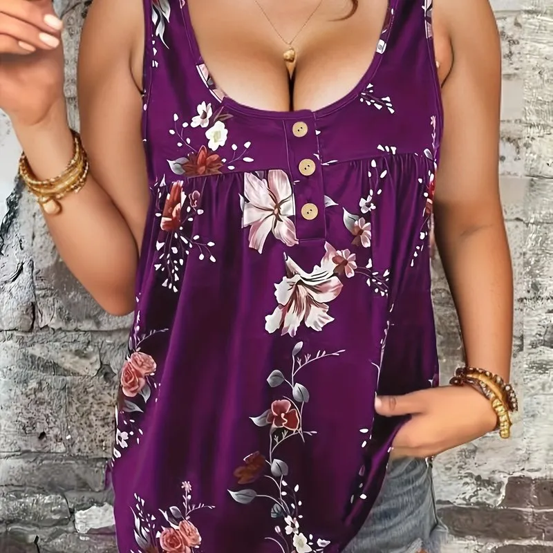 Plus Size Tank with Floral Print Comfortable and Stylish Henley