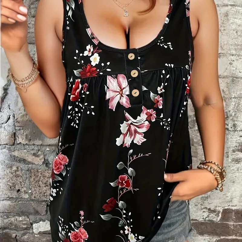 Plus Size Tank with Floral Print Comfortable and Stylish Henley