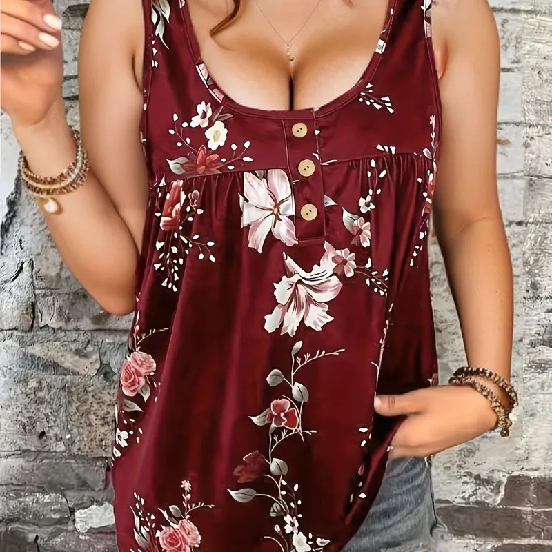 Plus Size Tank with Floral Print Comfortable and Stylish Henley