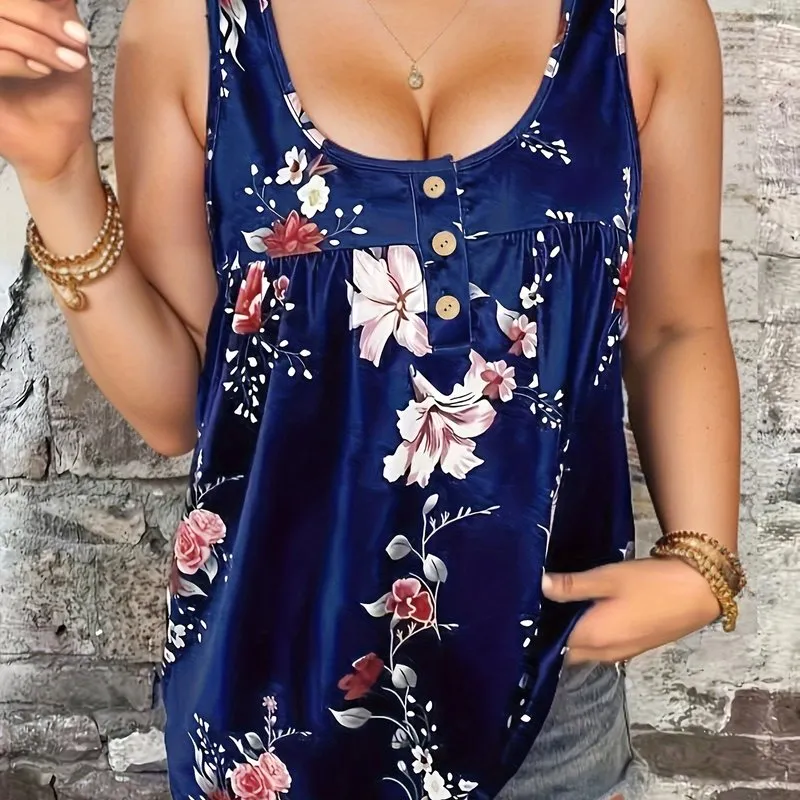 Plus Size Tank with Floral Print Comfortable and Stylish Henley