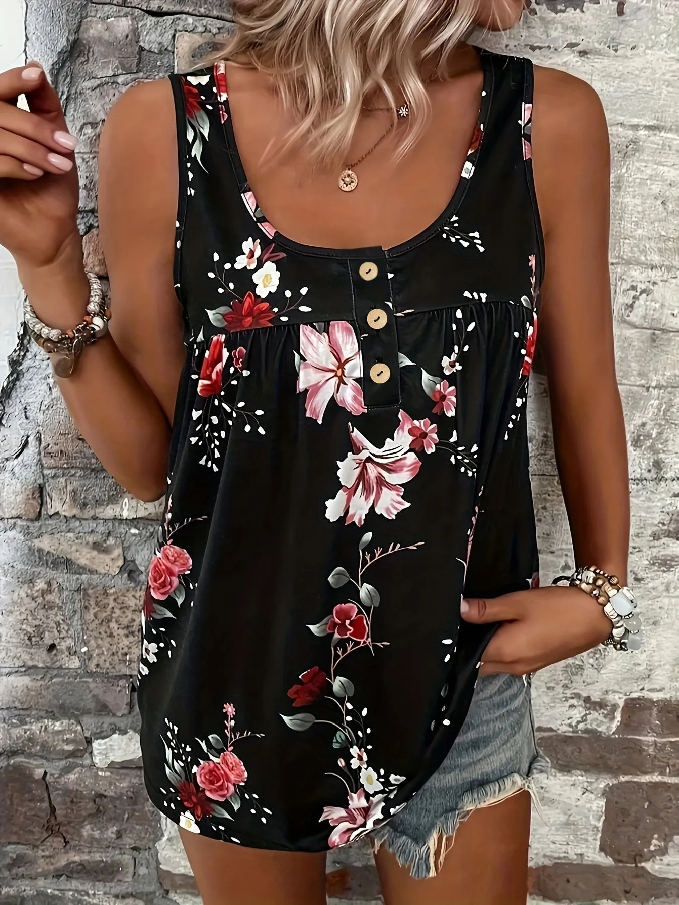 Plus Size Tank with Floral Print Comfortable and Stylish Henley