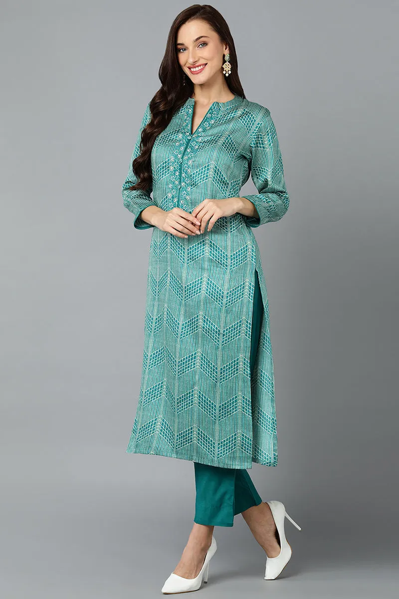 Rama Green Rayon Blend Straight Suit Set