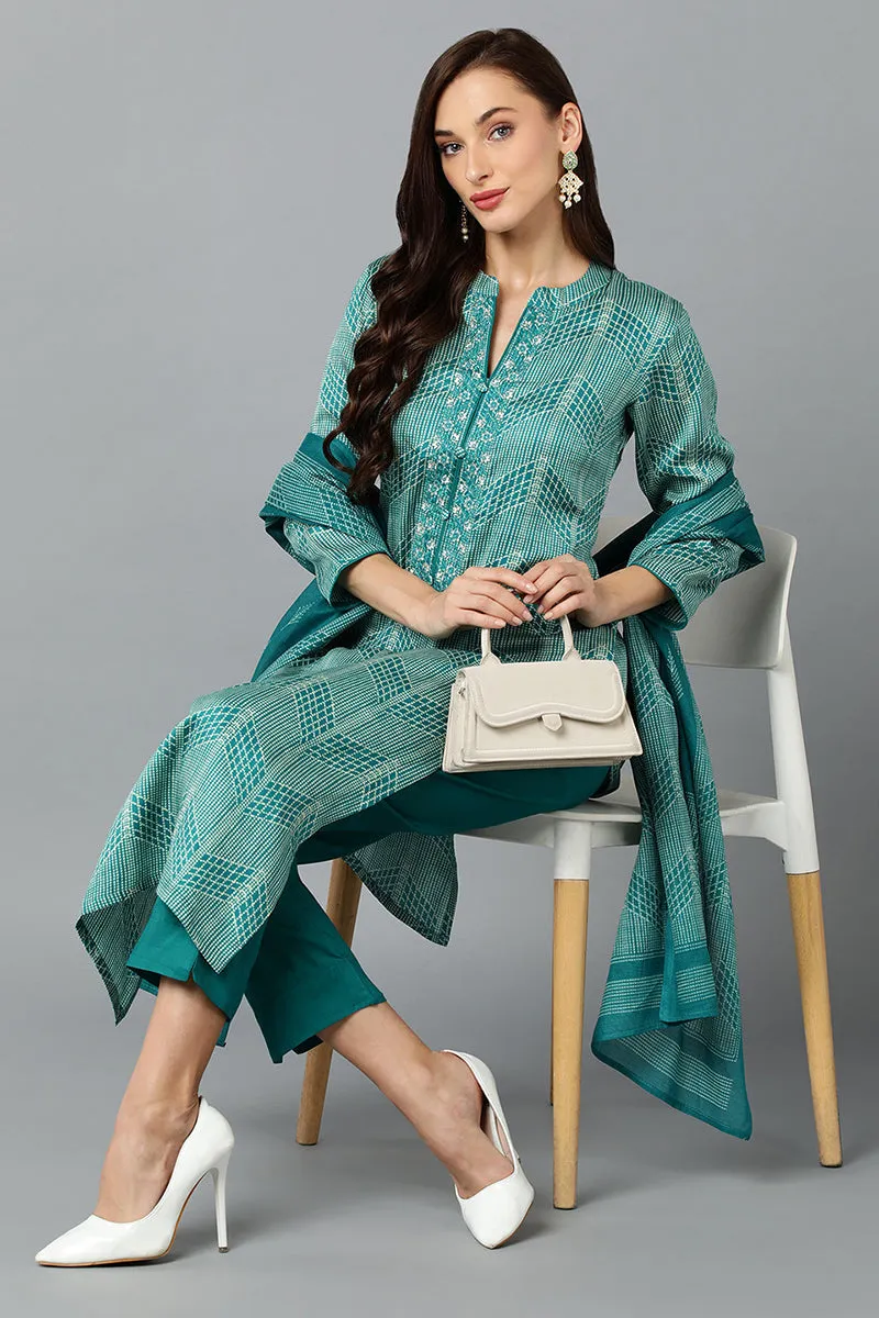 Rama Green Rayon Blend Straight Suit Set