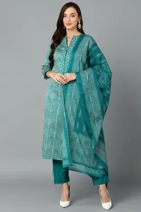 Rama Green Rayon Blend Straight Suit Set