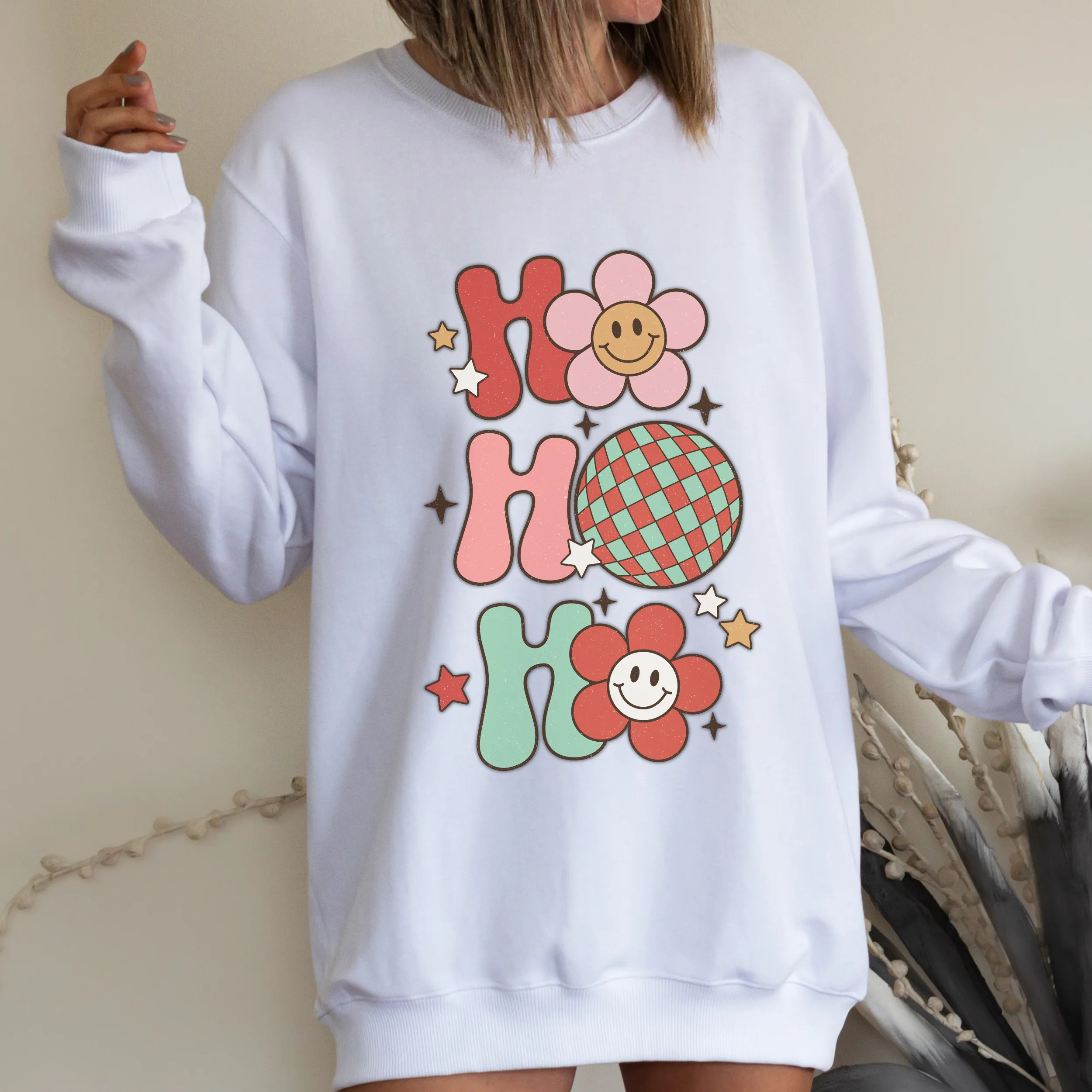 Retro Christmas Ornaments Crewneck Sweatshirt Women's Vintage Ho Ho Ho Design Ash or White Cozy Gildan Sweatshirt