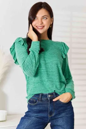 Ruffle Shoulder Long Sleeve T-Shirt