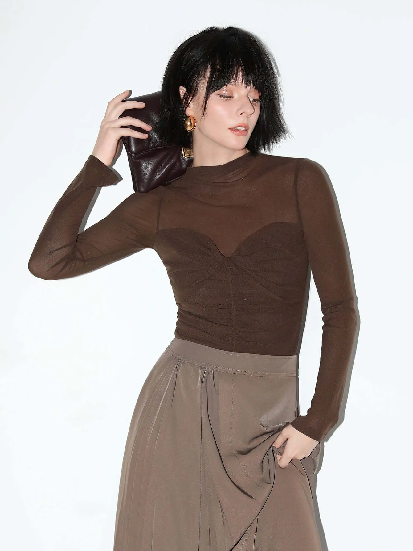 Semi-Sheer Ruched Long Sleeve Tee with a Sweetheart Neckline