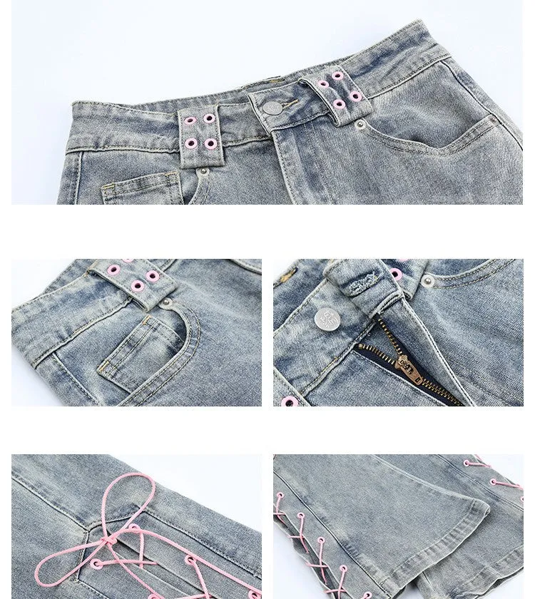 Street Cute Pink Ribbon High Waist Jeans Pants