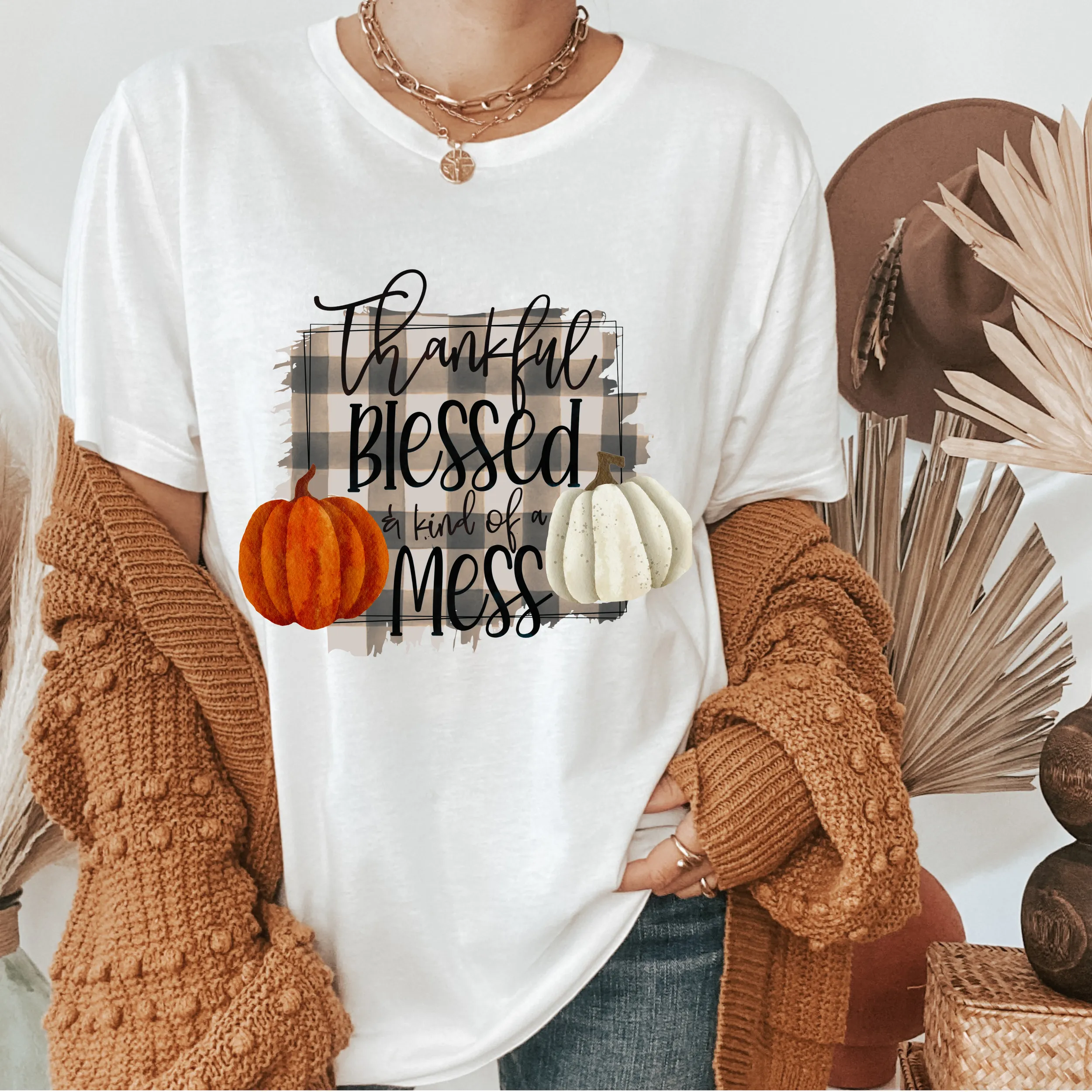 Thankful Blessed and Kind of a Mess T Shirt or Fall Crewneck Sweatshirt Women's Fall or Autumn Pullover Cute Funny Shirt