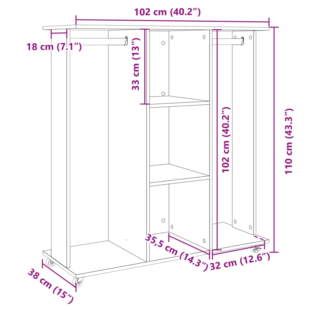 Wardrobe with Wheels Smoked Oak 102x38x110 cm Engineered Wood