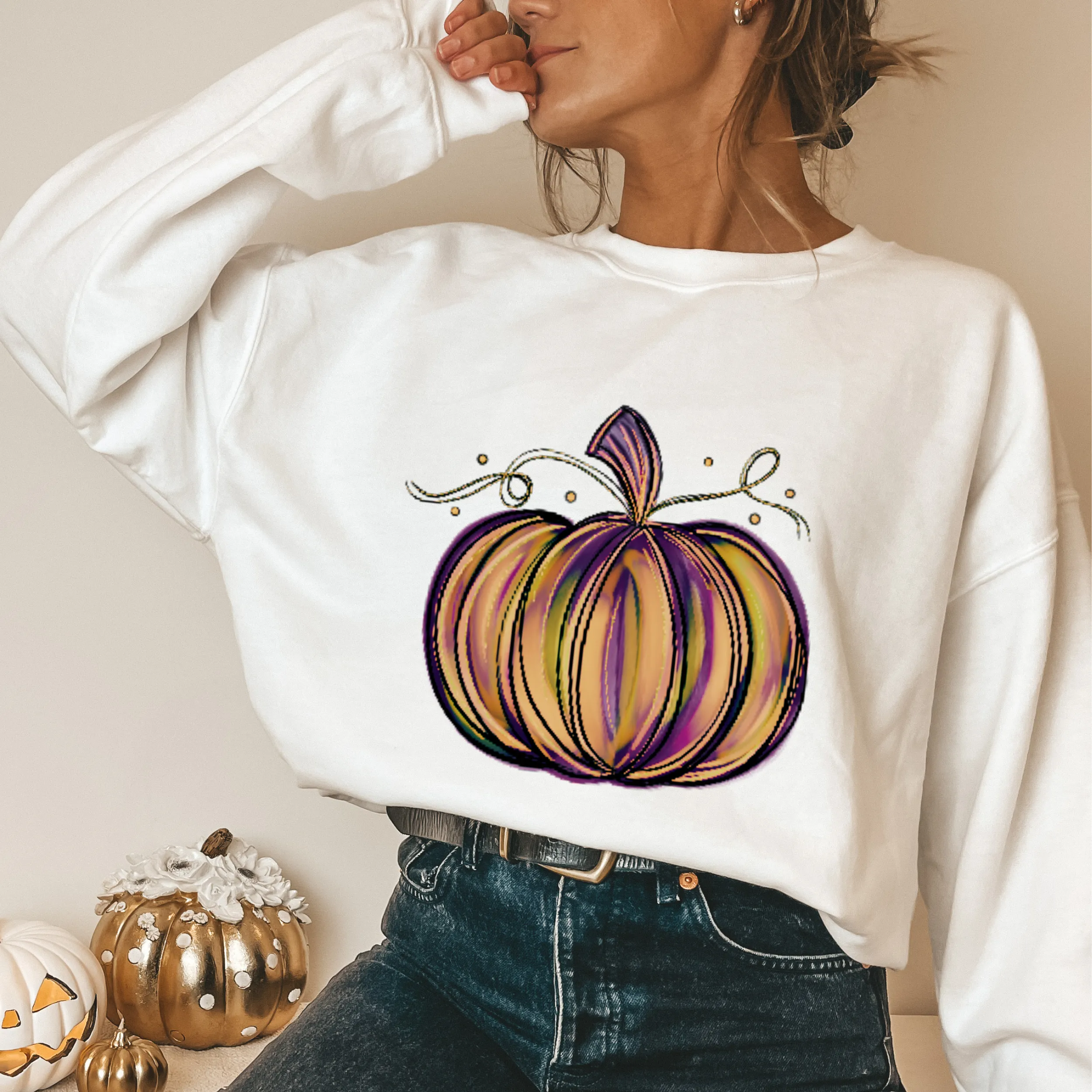 Watercolor Pumpkin Fall Crewneck Sweatshirt or T-Shirt Cute Warm and Cozy Autumn Gildan® Pullover or Soft Bella Canvas® T-Shirt