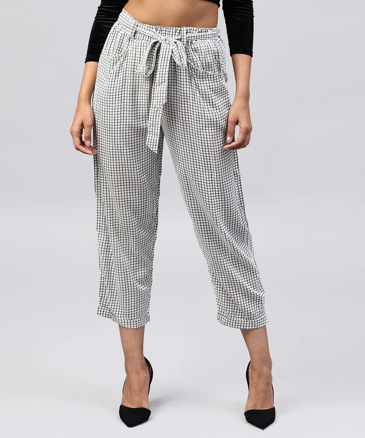 White & Black Small Checked Cotton Ankle Length Trouser