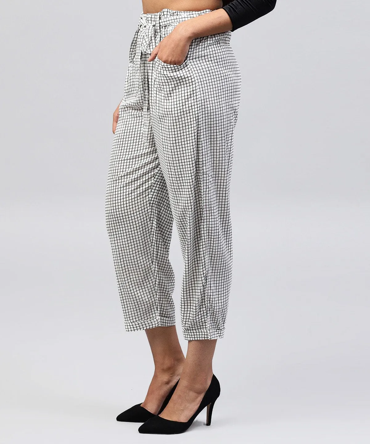 White & Black Small Checked Cotton Ankle Length Trouser