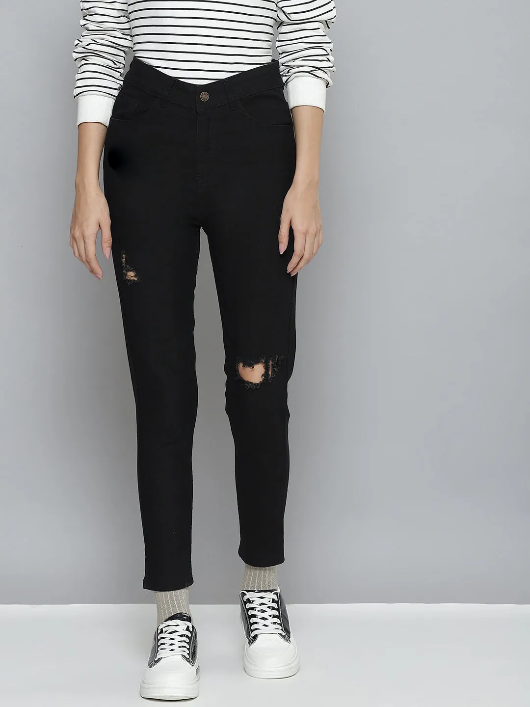 Women Black Distressed Slit Jeans