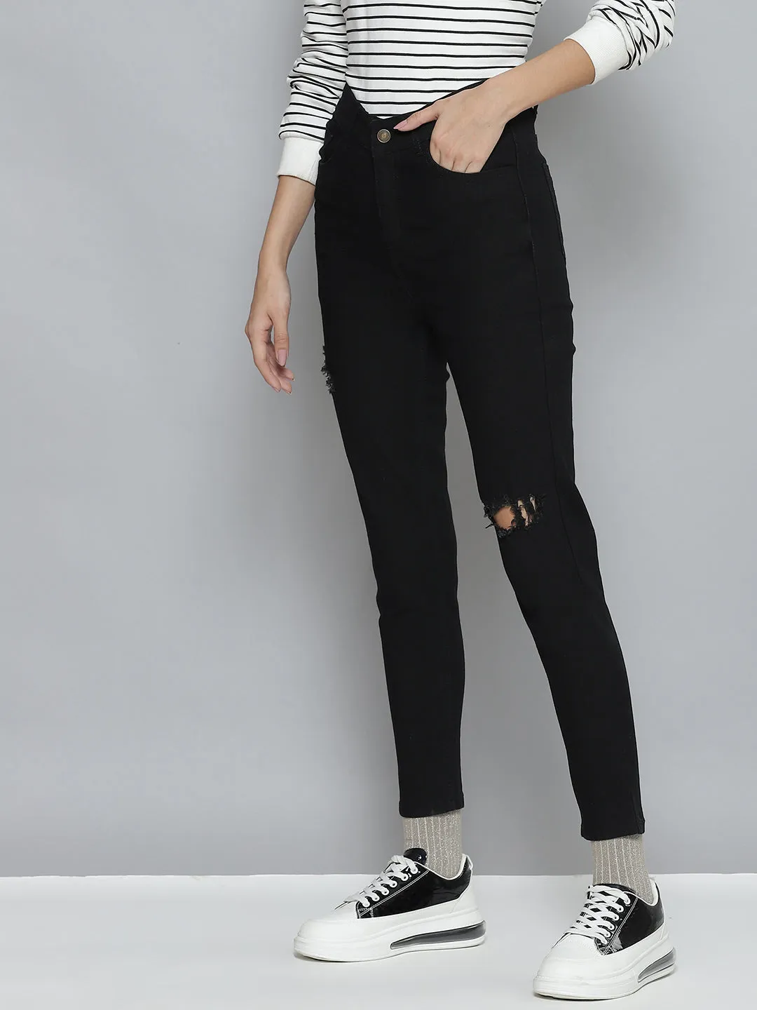 Women Black Distressed Slit Jeans