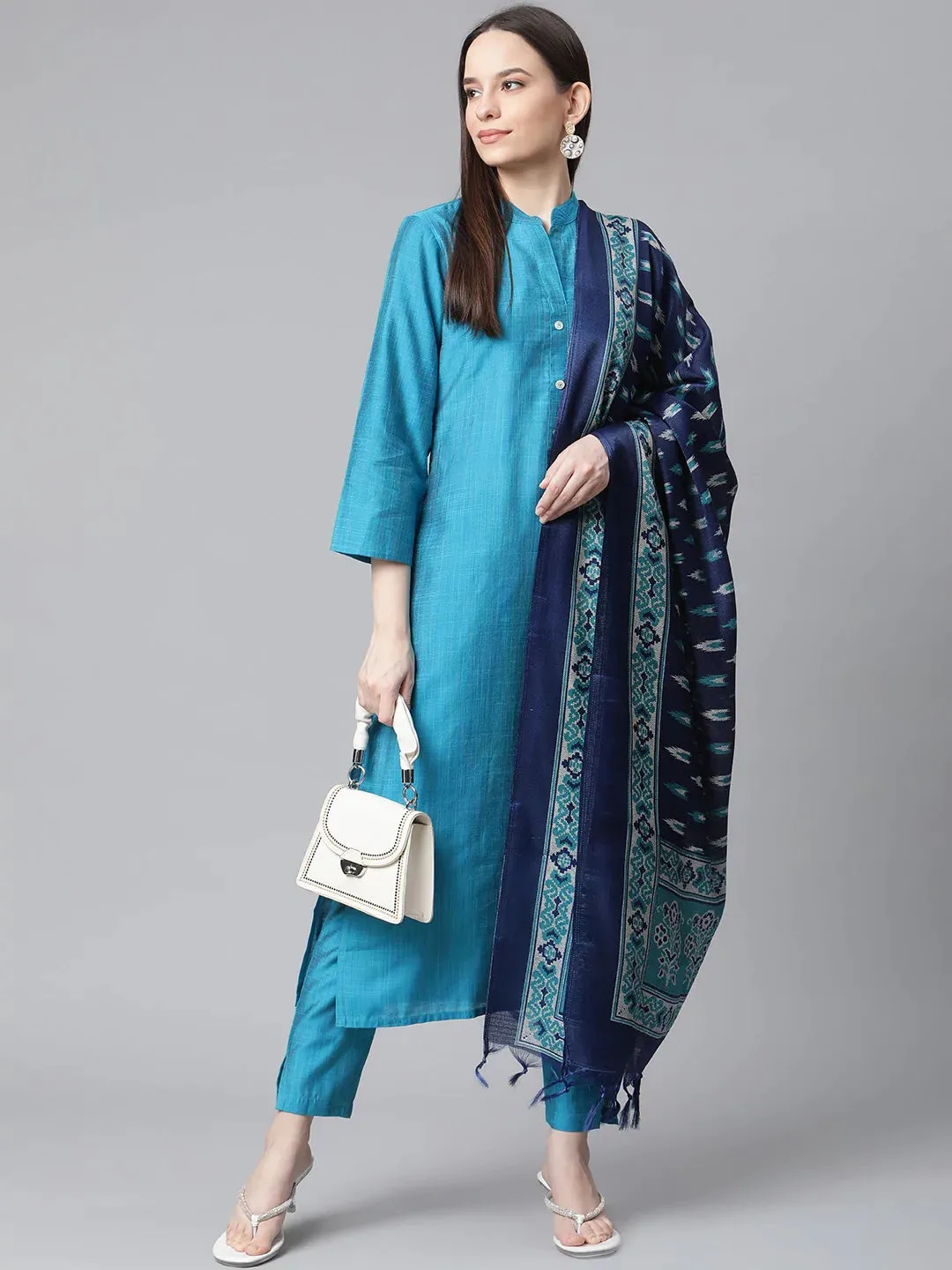 Women Blue & Green Self-Striped Kurta With Trousers & Printed Art Silk Dupatta