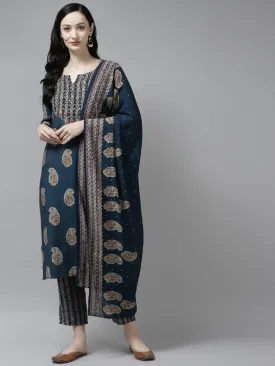 Women Blue Silk Blend Kurta Set With Dupatta