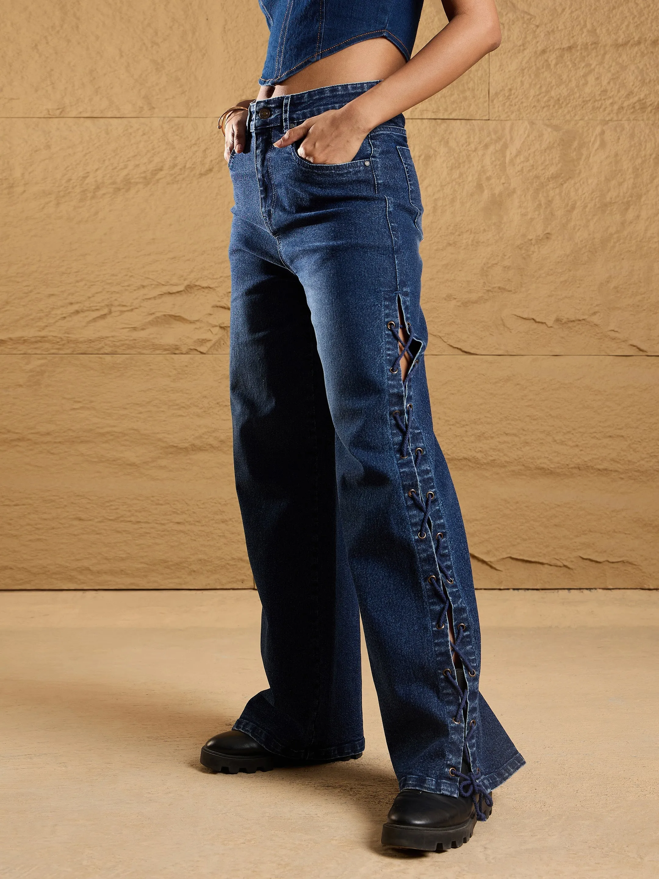 Women Blue Washed Side Dori Straight Fit Jeans