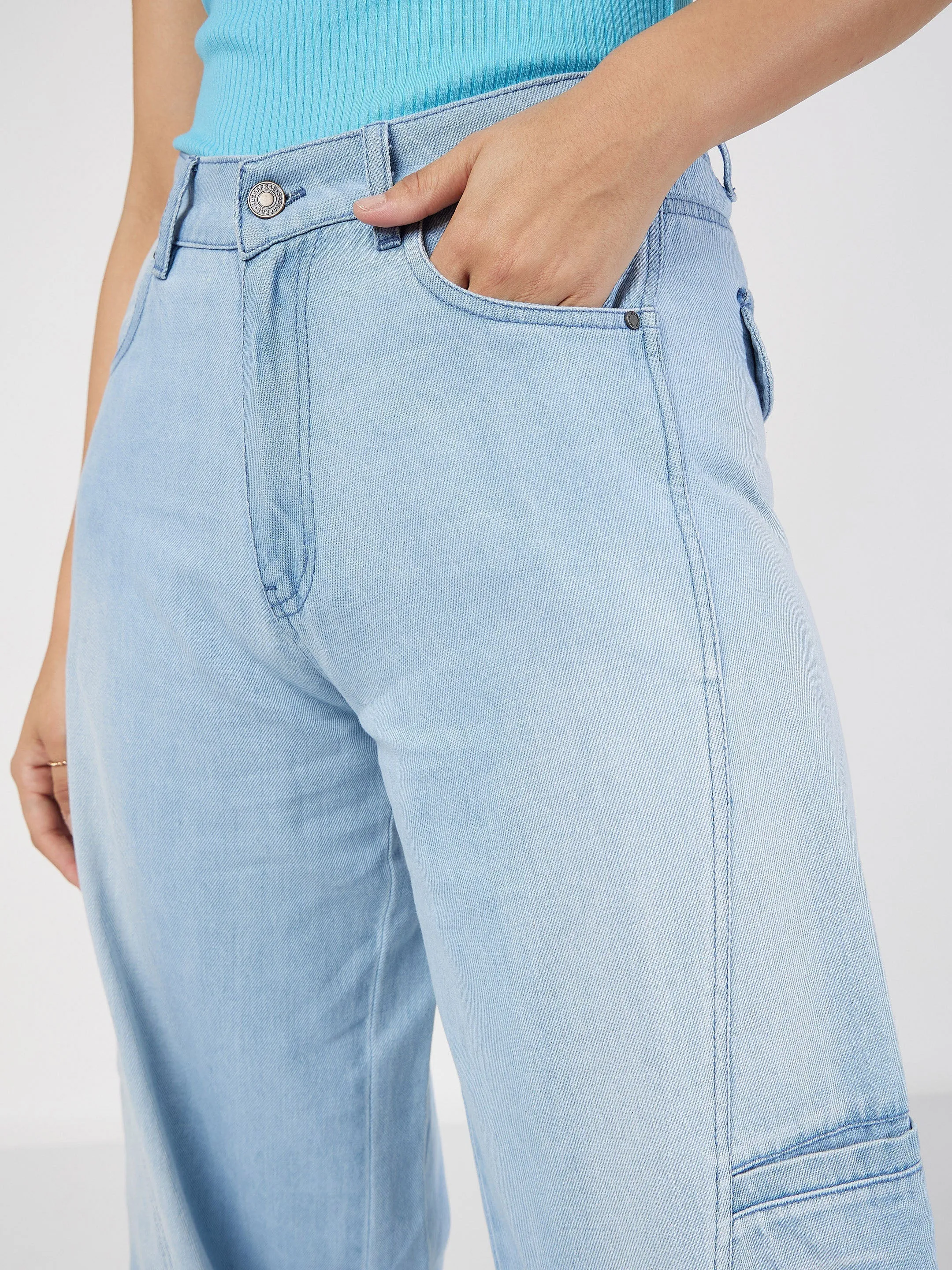 Women Ice Blue Wide Leg Jeans