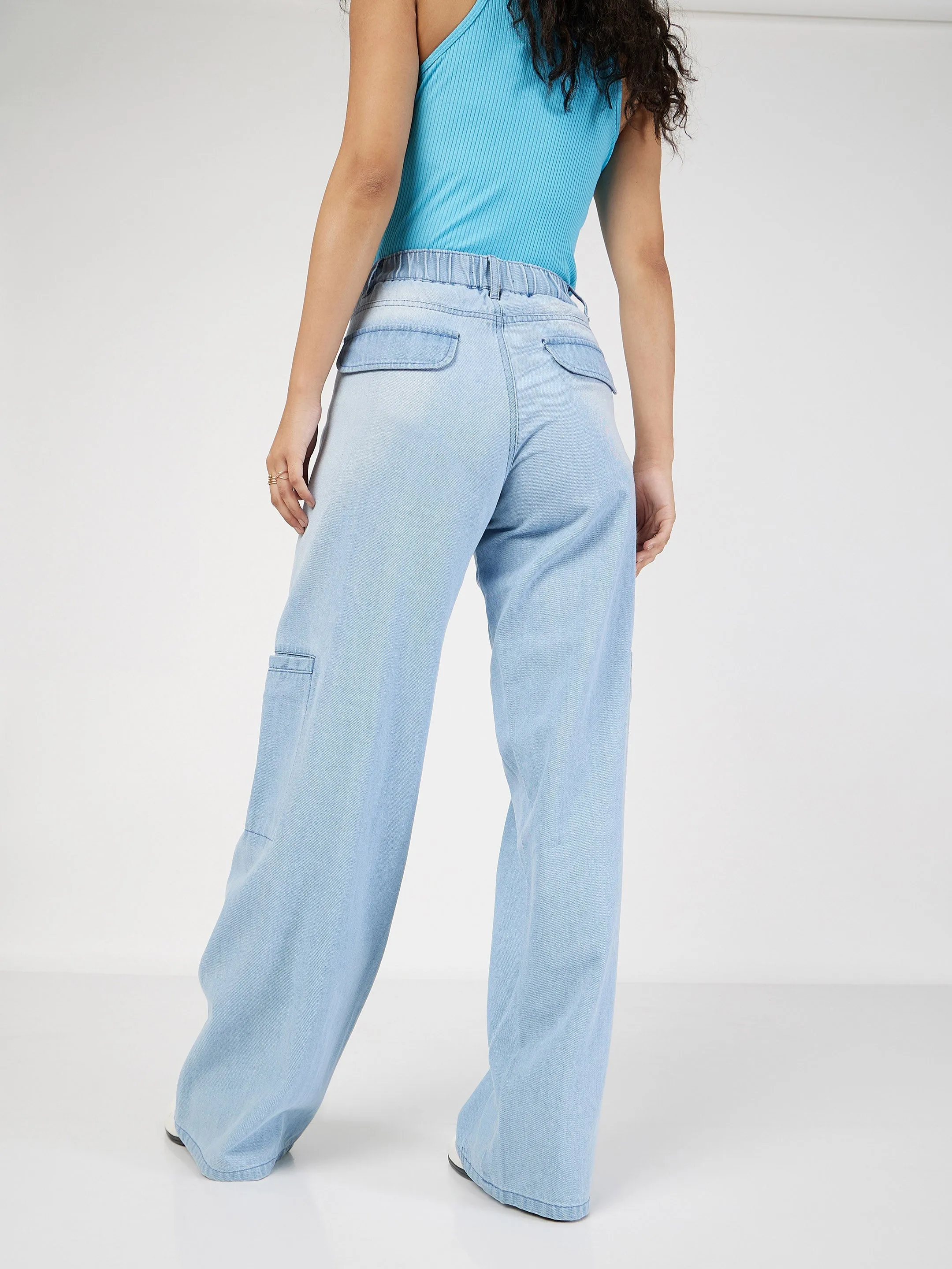 Women Ice Blue Wide Leg Jeans