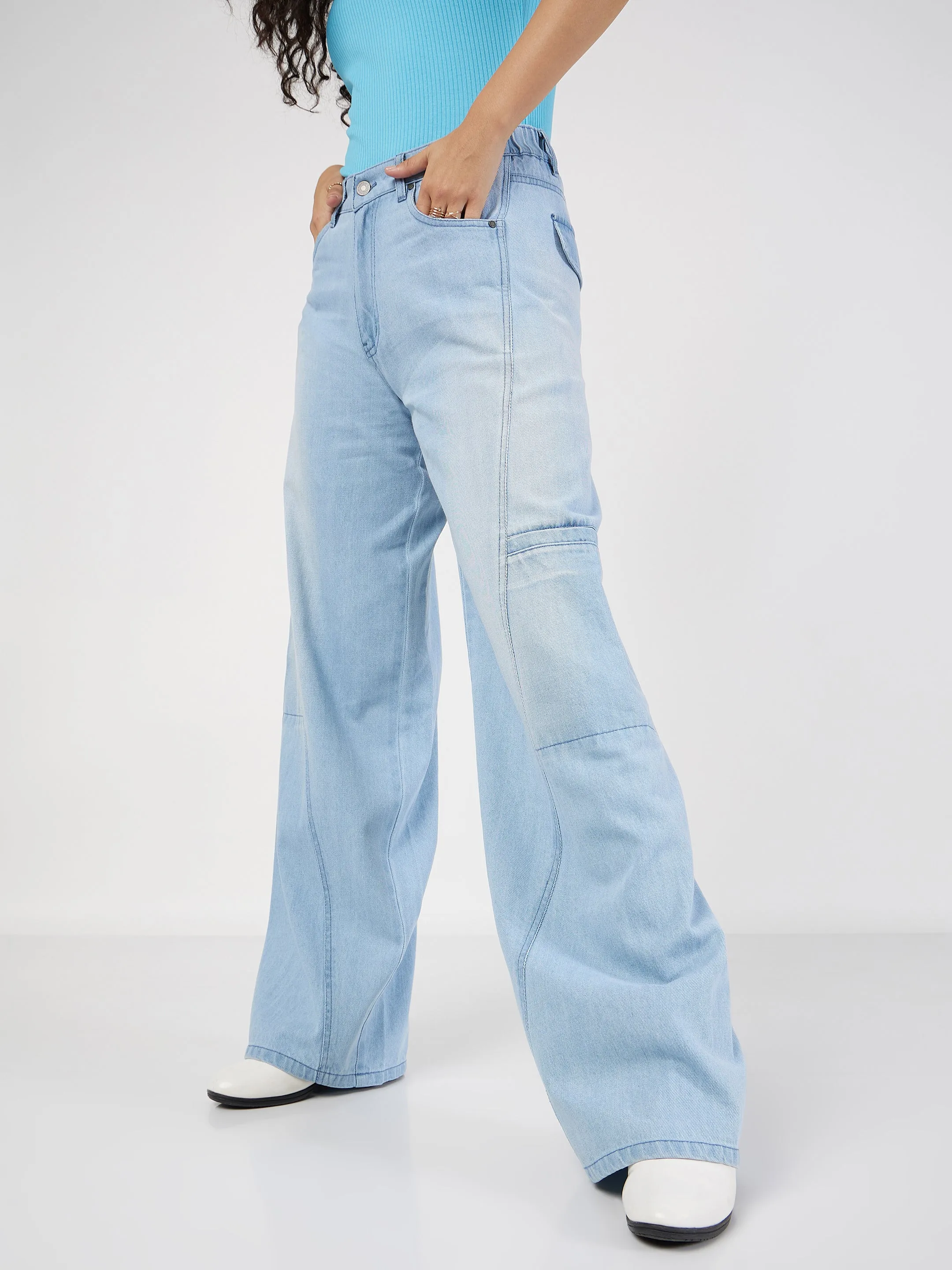 Women Ice Blue Wide Leg Jeans