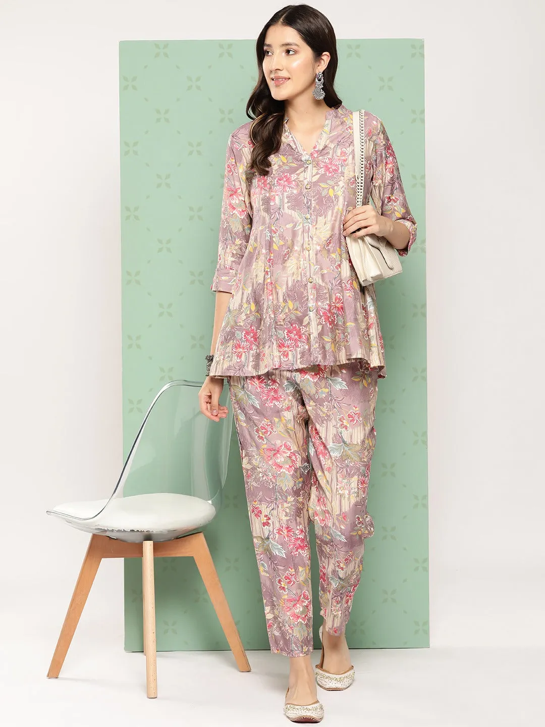 Women Mauve Printed Mandarin Top With Trousers