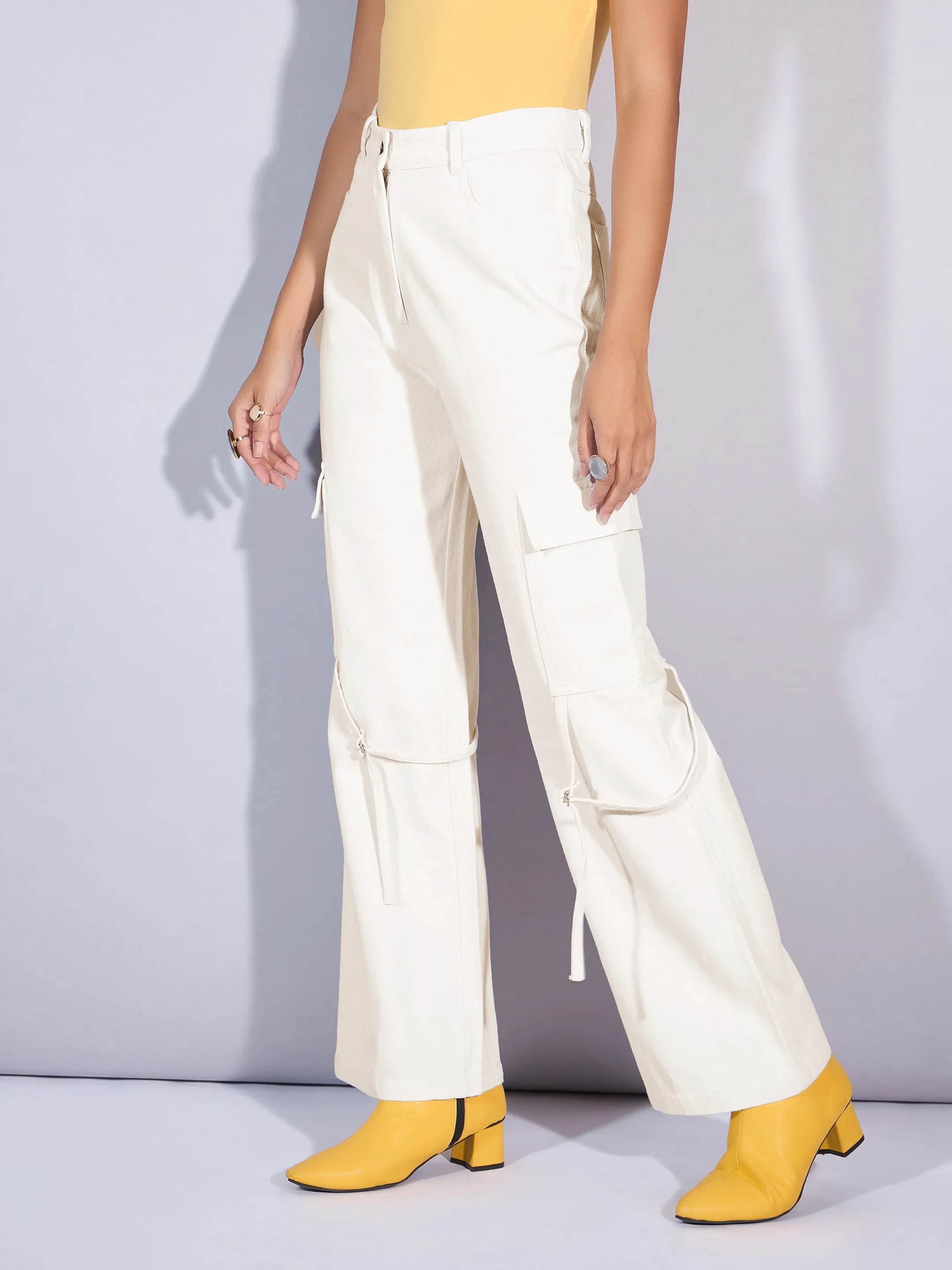 Women White Twill Looped Straps Cargo Jeans