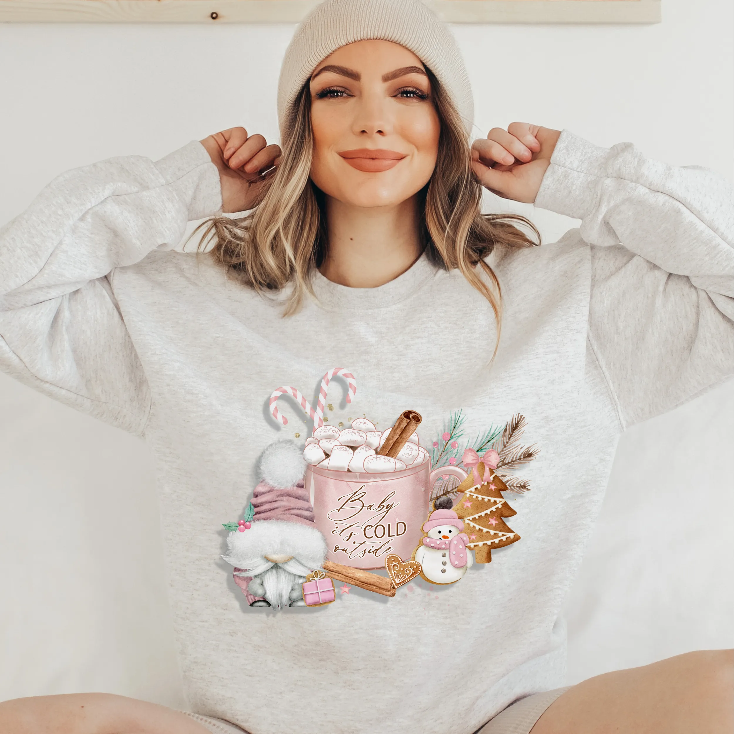 Women's Christmas Crewneck Sweatshirt Cute Gnome Baby It's Cold Outside Winter Pastel Pink Gnome and Hot Cocoa Warm Cozy Gildan® Shirt