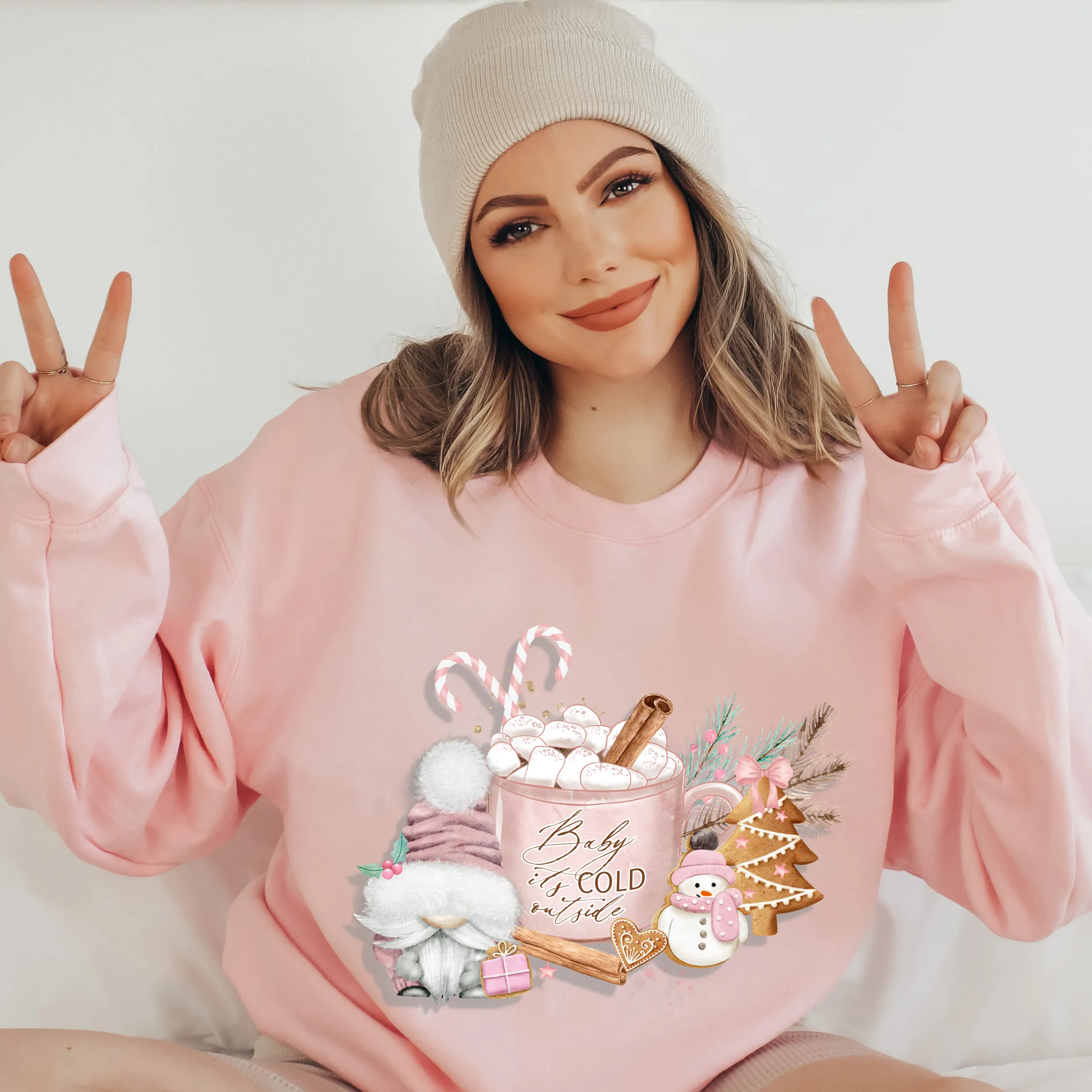 Women's Christmas Crewneck Sweatshirt Cute Gnome Baby It's Cold Outside Winter Pastel Pink Gnome and Hot Cocoa Warm Cozy Gildan® Shirt