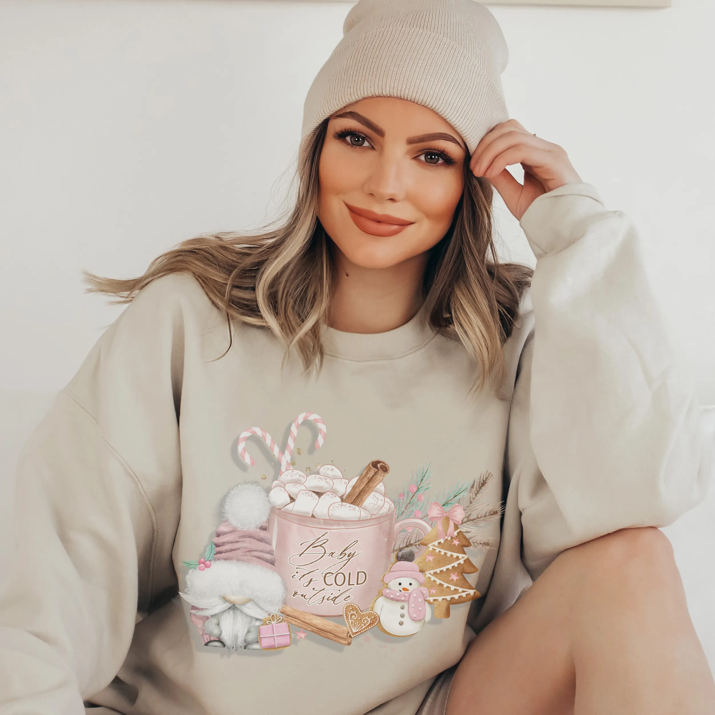 Women's Christmas Crewneck Sweatshirt Cute Gnome Baby It's Cold Outside Winter Pastel Pink Gnome and Hot Cocoa Warm Cozy Gildan® Shirt