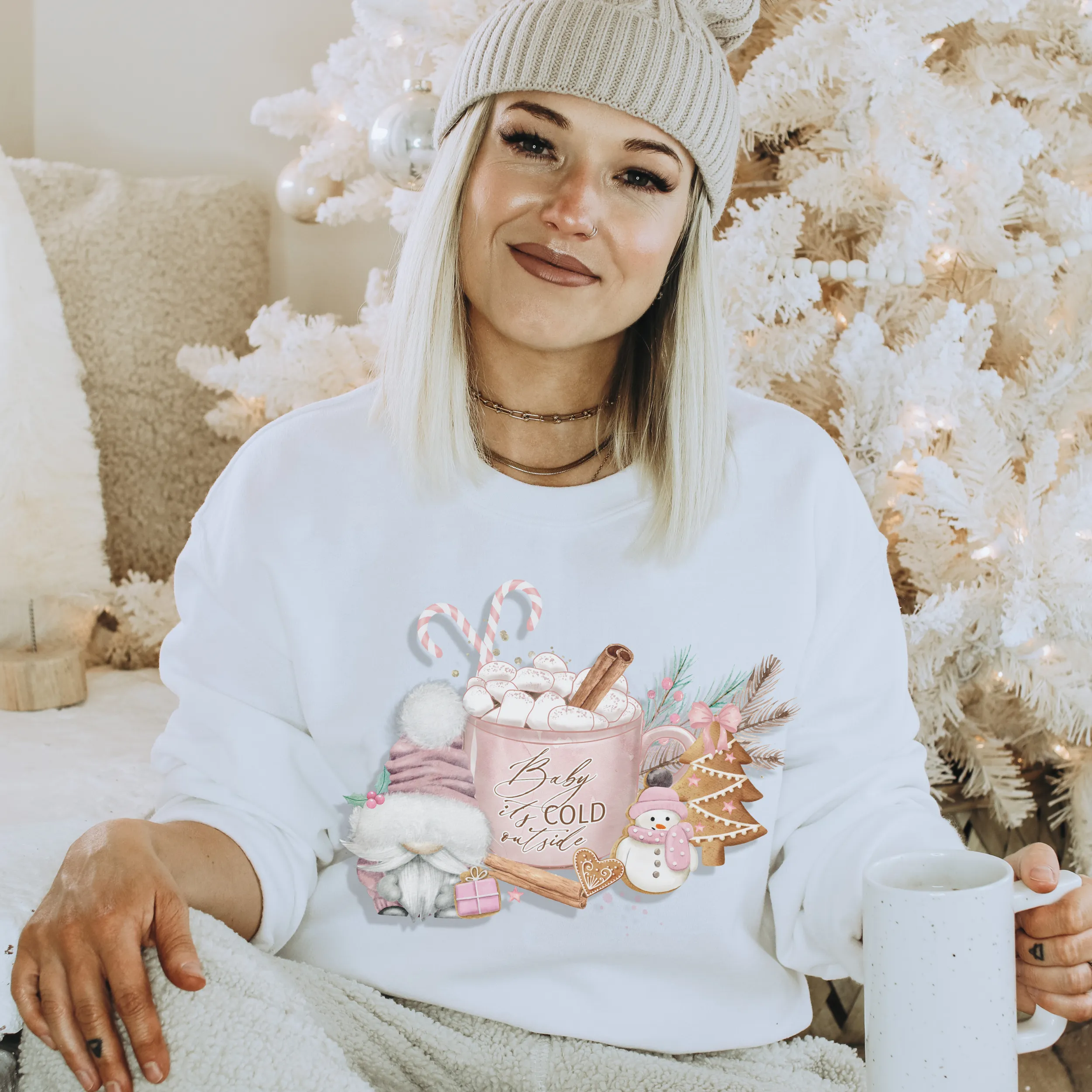 Women's Christmas Crewneck Sweatshirt Cute Gnome Baby It's Cold Outside Winter Pastel Pink Gnome and Hot Cocoa Warm Cozy Gildan® Shirt