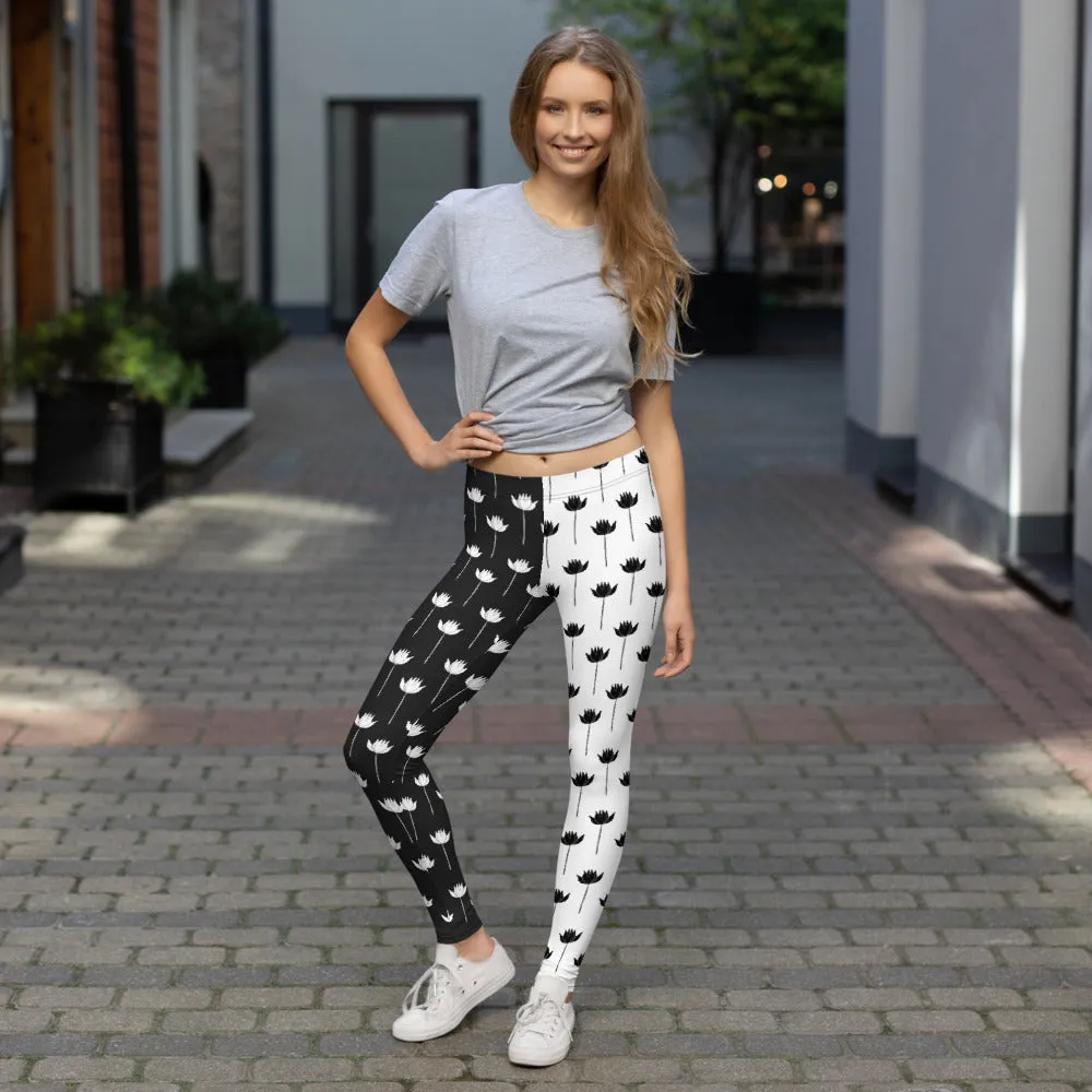 Zara Contrast Leg Black and White Leggings with Flower and Long Stem, Statement Leggings, Funky Leggings